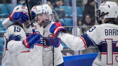 JP Hurlbert USA, Aurelio Garcia USA and Shaeffer Gordon-Carroll USA celebrate after scoring in the Ice Hockey Men’s 6-on-6 Tournament Preliminary Round between Czech Republic and United States of America at the Gangneung Hockey Centre. The Winter Youth ...